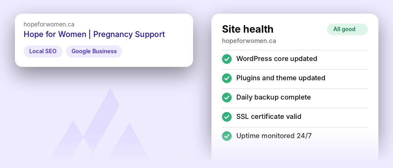 Site health checklist and search listing for a maintained client site