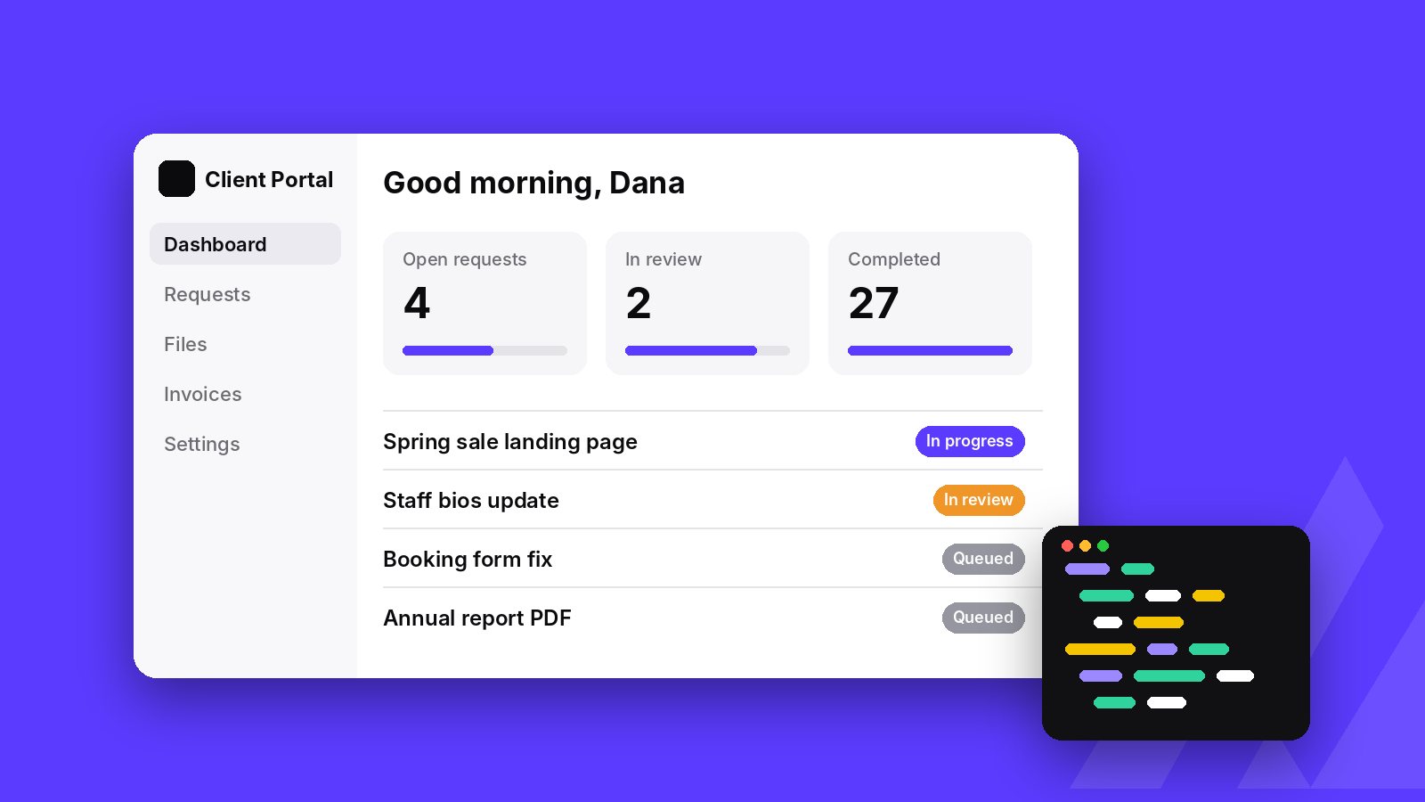 Illustration of a custom client portal dashboard