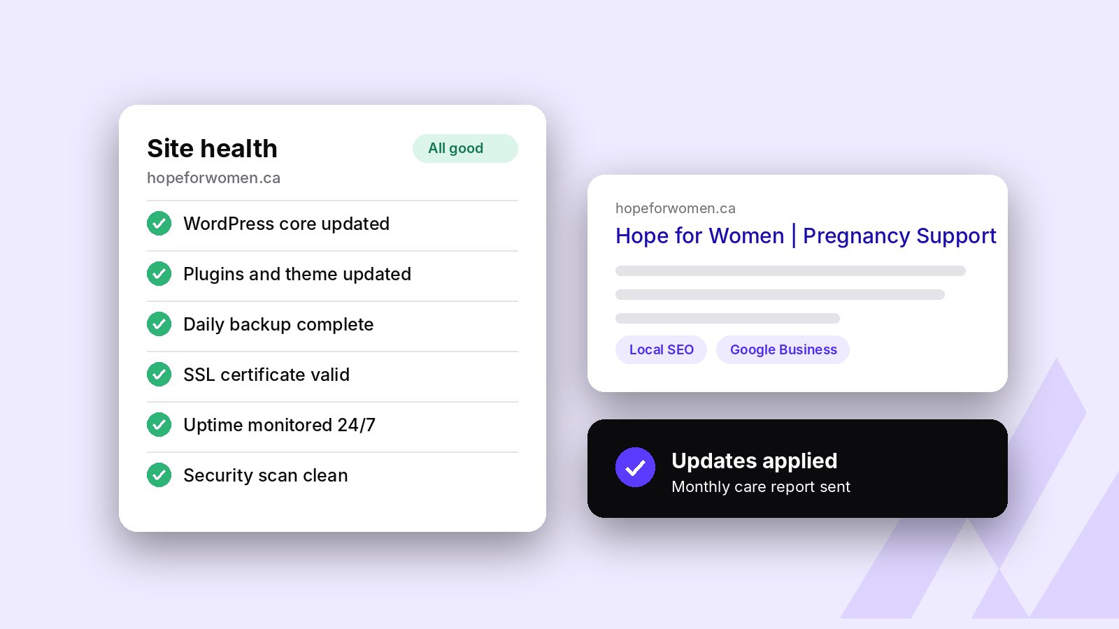 Site health checklist and search listing for a maintained client site