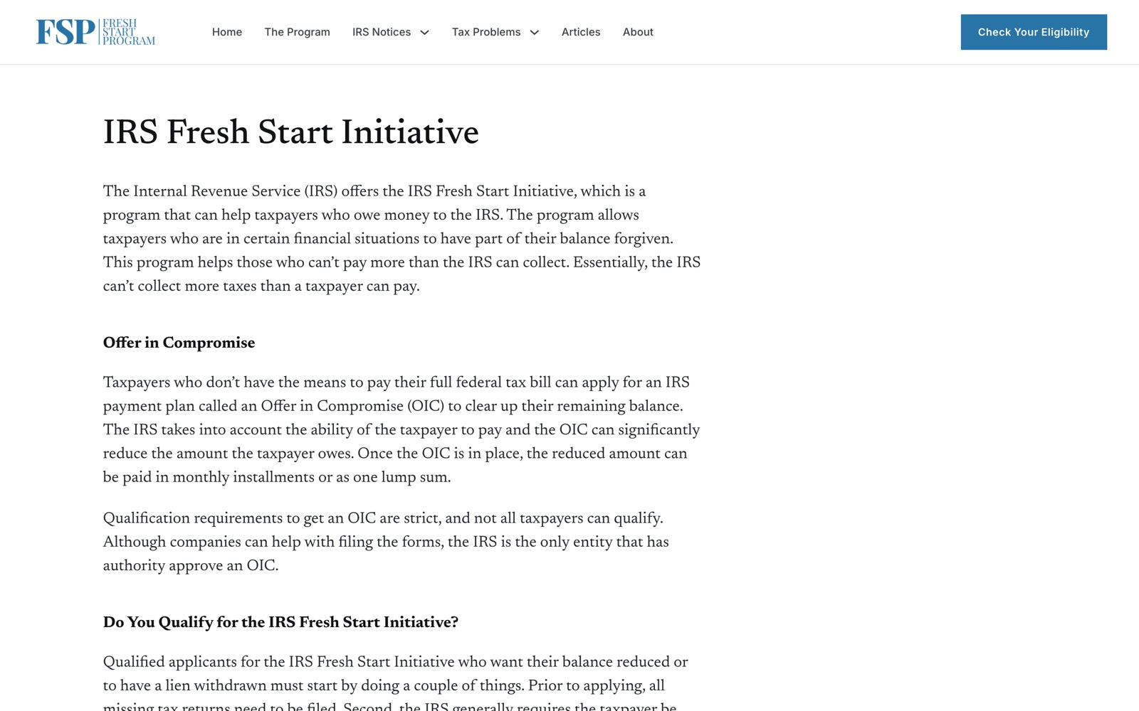 IRS Fresh Start Program screenshot